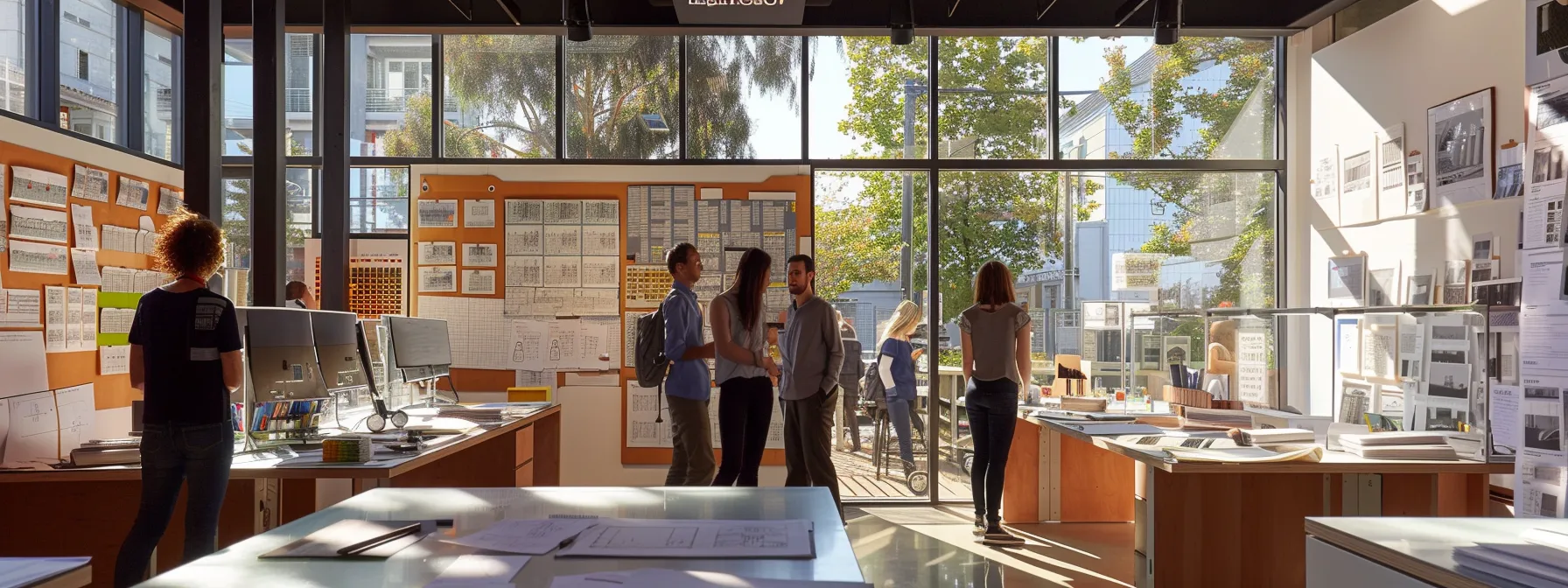 a modern architectural studio bustling with collaboration, featuring sleek drafting tables, vibrant blueprints pinned on the walls, and professionals animatedly discussing innovative designs over a polished glass table.