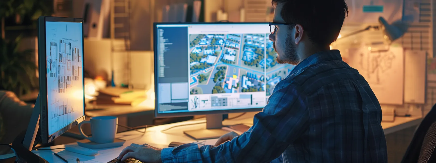 a modern architectural studio interior showcases a design professional intensely reviewing a 3d revit model on a high-resolution screen, surrounded by detailed blueprints and project materials, illuminating the complexity of resolving wall and floor creation issues.
