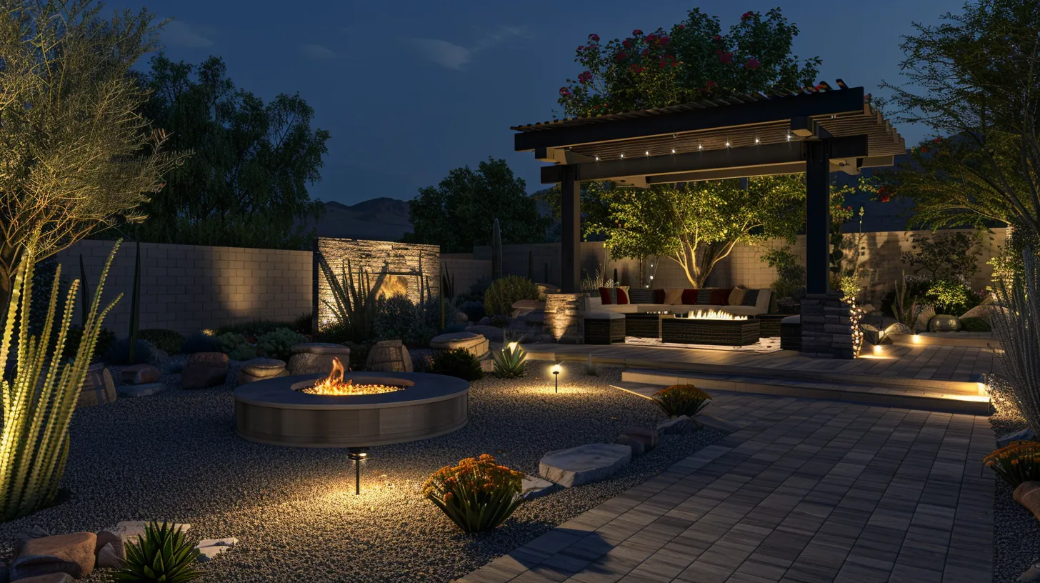 a modern arizona backyard showcases an inviting hardscape with a stylish pergola, a cozy fire pit surrounded by elegant seating, and a well-crafted walkway, all illuminated by strategically placed lighting to create a warm and functional outdoor living space. a modern arizona backyard showcases an inviting hardscape with a stylish pergola, a cozy fire pit surrounded by elegant seating, and a well-crafted walkway, all illuminated by strategically placed lighting to create a warm and functional outdoor living space.