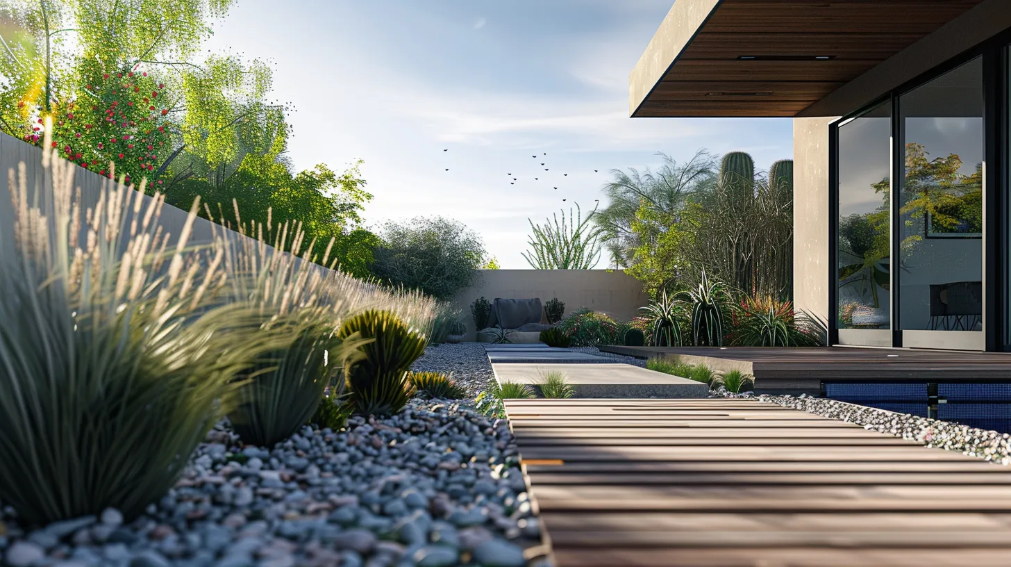 a modern arizona home features an inviting, meticulously designed front yard with a stylish wood deck and elegant granite elements, set against a clear blue sky, showcasing detailed estimates and pricing options displayed neatly on a sleek outdoor table. a modern arizona home features an inviting, meticulously designed front yard with a stylish wood deck and elegant granite elements, set against a clear blue sky, showcasing detailed estimates and pricing options displayed neatly on a sleek outdoor table.