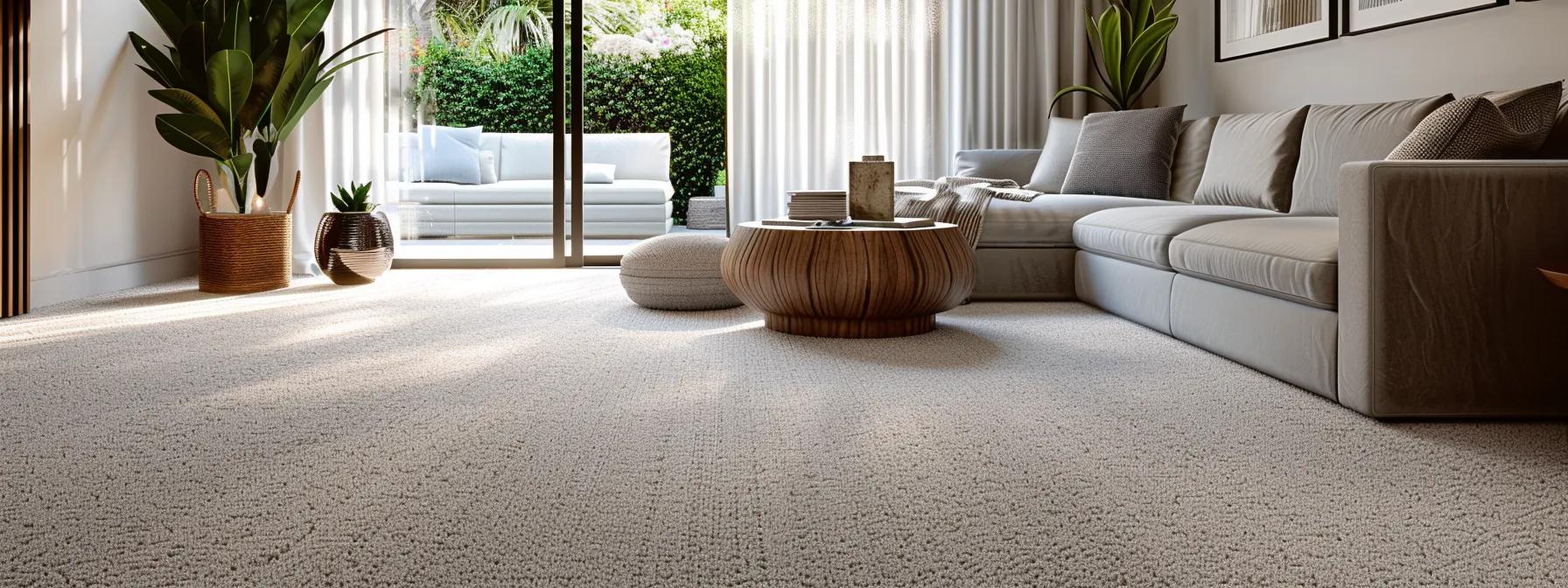 a modern australian living room featuring a sleek, light-colored low-pile carpet that harmoniously complements minimalist decor, showcasing a stylish arrangement of furniture and wall finishes that reflect contemporary design trends.