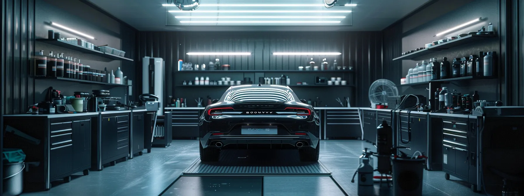 a modern auto detailing studio, featuring a sleek vehicle under soft, focused lighting, with tools and cleaning products neatly arranged, highlighting a cautionary display against abrasive cleaning methods for vehicle wraps. Avoid These Common Wrap Cleaning Pitfalls