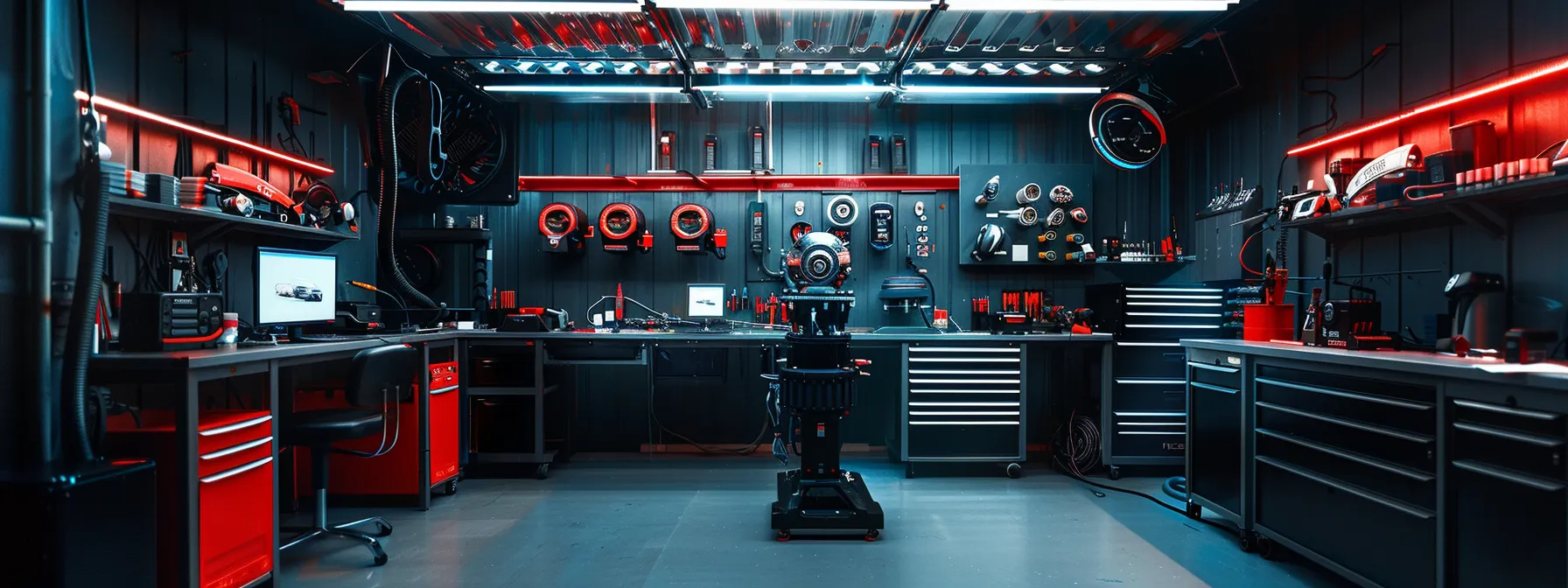 a modern automotive mechanic shop features a high-tech rotary adas calibration system in use, surrounded by precision tools and diagnostic equipment, showcasing a technician focused on ensuring vehicle safety and advanced driving performance.