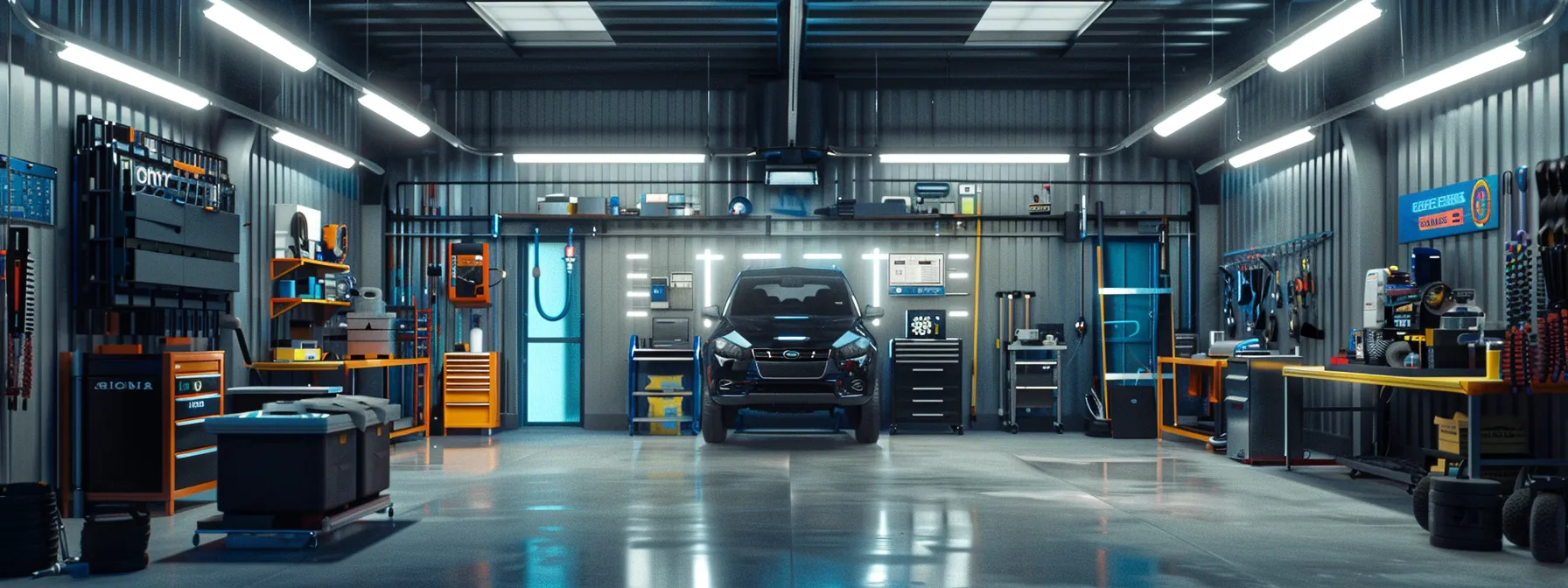 a modern automotive mechanic shop scene showcases advanced rotary adas calibration equipment, with a focus on sleek, high-tech tools illuminated by bright overhead lights, symbolizing the future of vehicle safety technology and innovation.