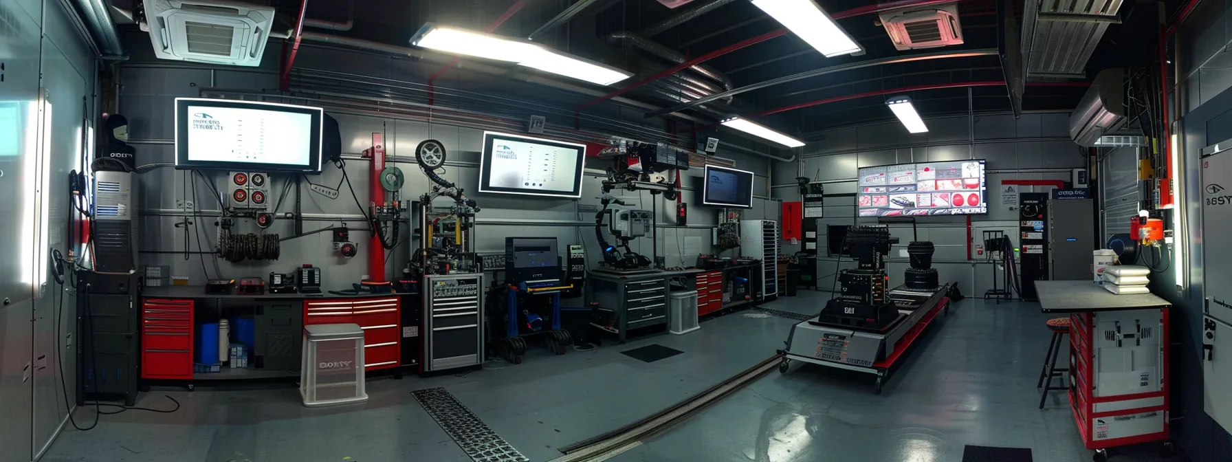 a modern automotive repair shop filled with advanced rotary adas calibration equipment, illuminated by bright overhead lights, showcases a technician meticulously calibrating a car's safety system amidst an array of diagnostic screens and tools.
