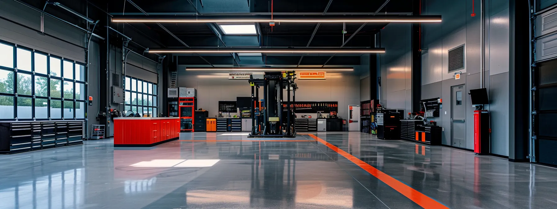 a modern automotive repair shop features a sleek, ali-certified lift prominently in the center, bathed in bright overhead lighting, showcasing its robust design and safety features against a backdrop of polished concrete and organized tool stations.