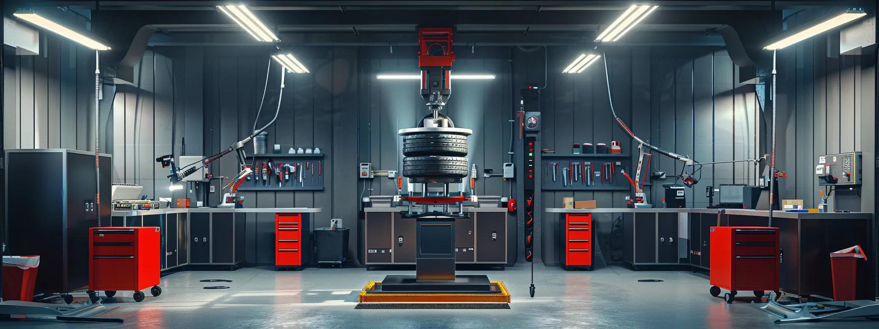 a modern automotive service center, featuring a sleek rotary tire changer in action, surrounded by high-tech diagnostic equipment and well-organized tool stations, all illuminated by bright, focused overhead lights to emphasize efficiency and safety in tire service.
