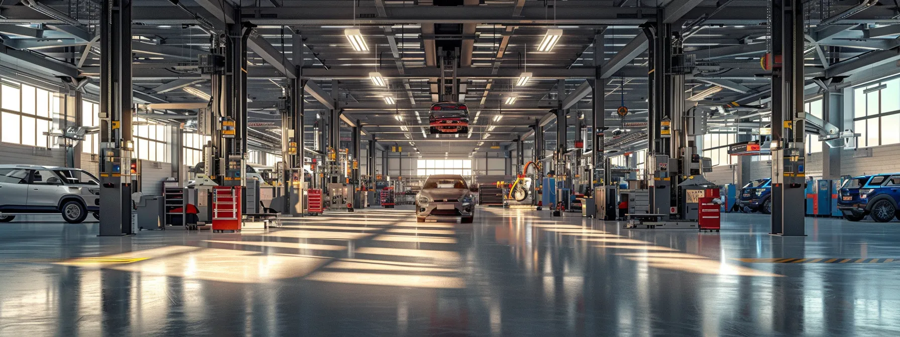 a modern automotive service garage is filled with ali certified lifts, showcasing their efficient design and robust construction, with mechanics confidently working on vehicles, highlighting the safety and operational benefits of advanced lifting technology.
