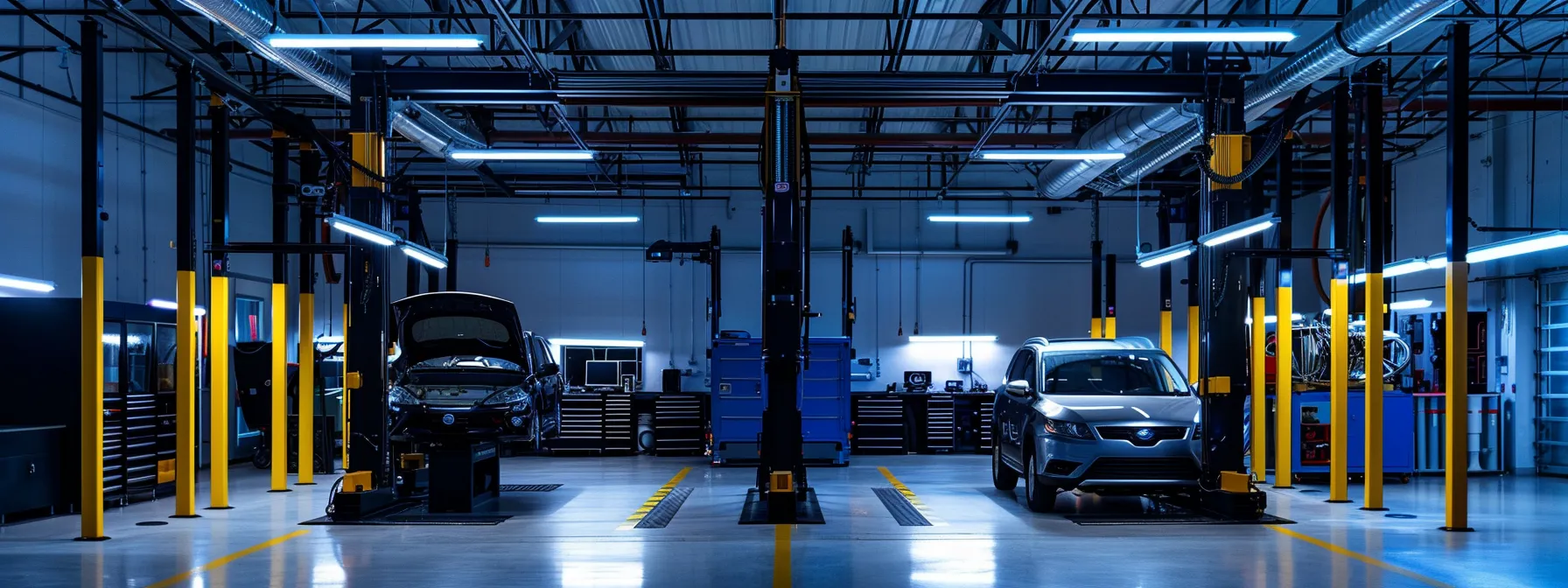 a modern automotive service shop showcases a sleek, ali certified lift prominently positioned under bright, fluorescent lighting, emphasizing the importance of compliance and safety regulations in the automotive industry.