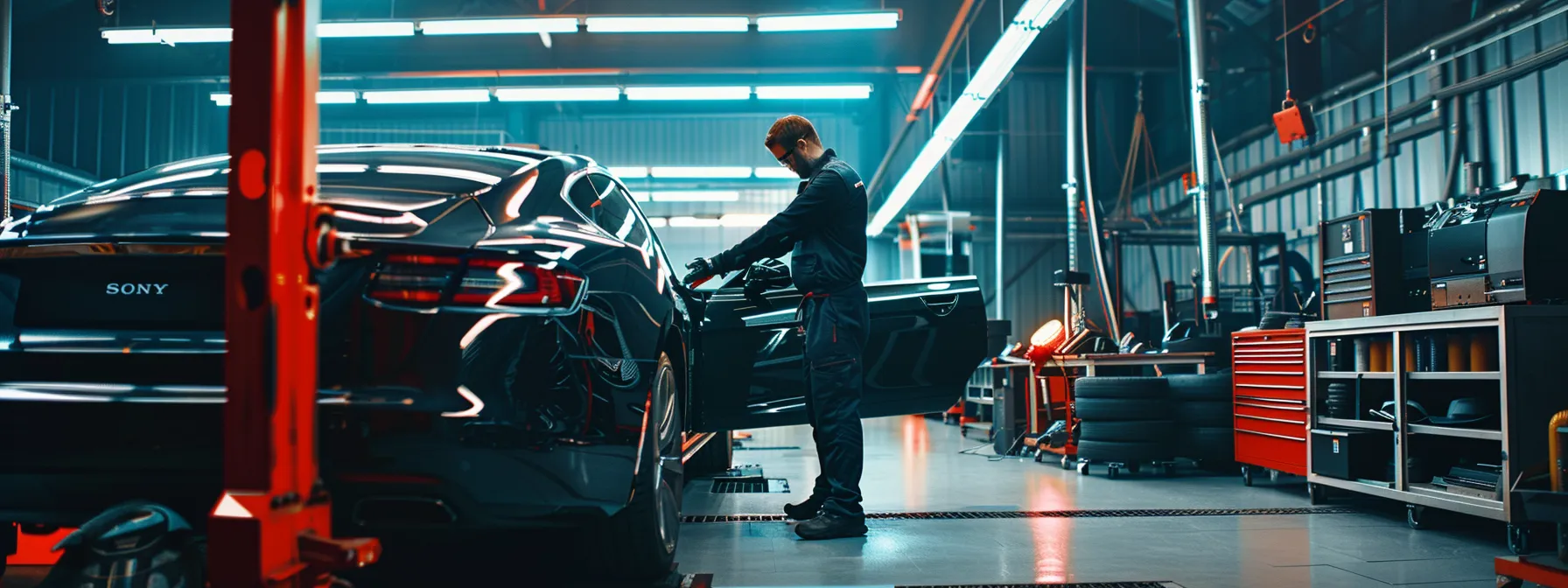 a modern automotive workshop bustling with activity, featuring a technician expertly calibrating a rotary adas calibration system on a sleek vehicle, illuminated by bright overhead lighting that highlights the advanced technology and precision tools around them.