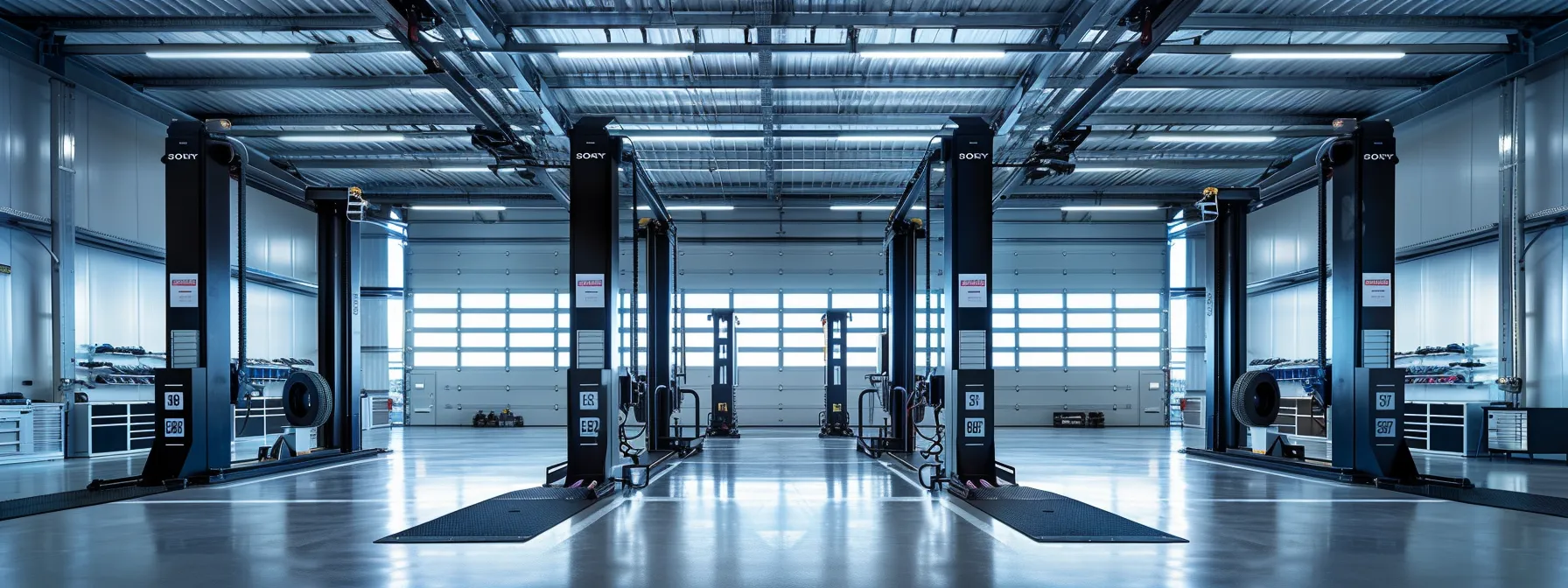 Top Benefits of Direct and Forward Four Post Vehicle Lifts a modern automotive workshop showcases four post lifts displaying varying price tags and feature comparisons, with a sleek, industrial backdrop emphasizing a professional atmosphere for evaluating investment options.