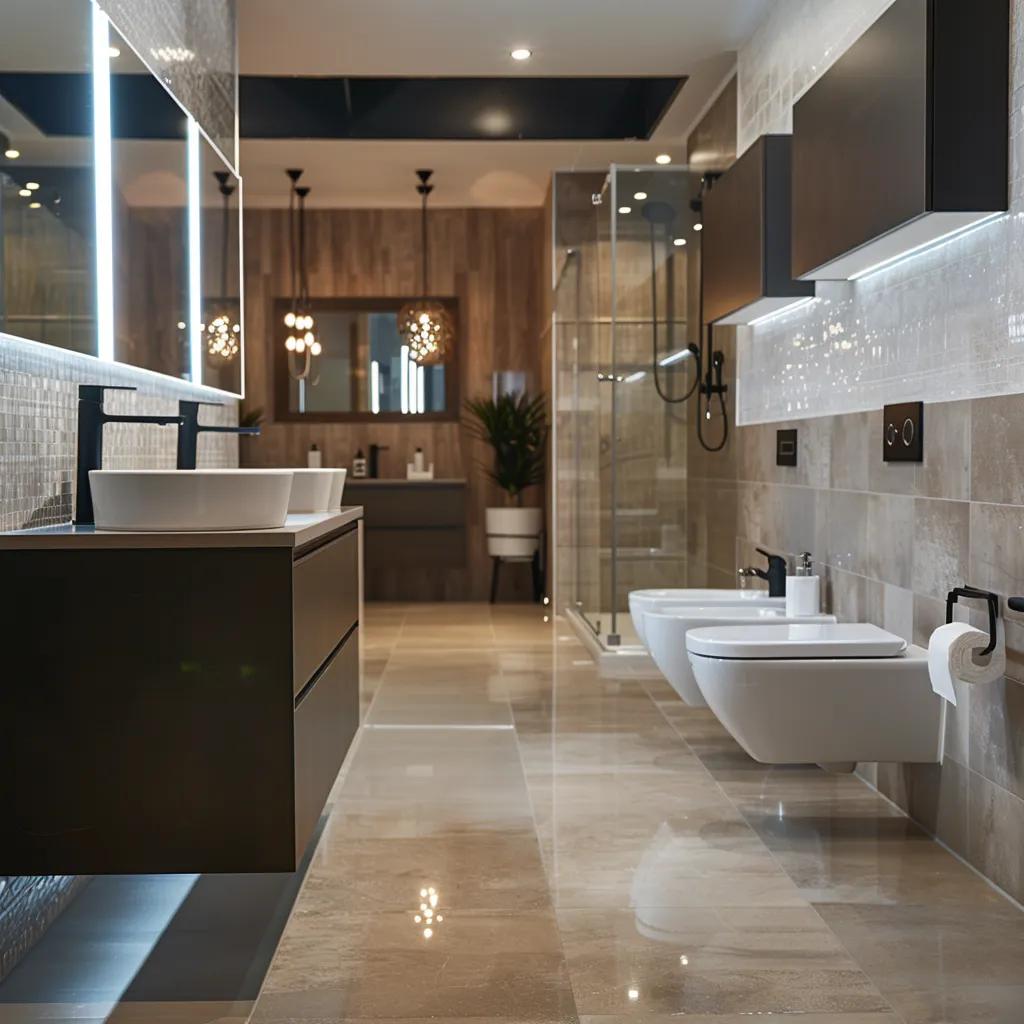 a modern bathroom showroom in bellingen showcases sleek, minimalist designs with elegant fixtures and stylish tiles, illuminated by bright, artificial lighting that enhances the contemporary aesthetic.