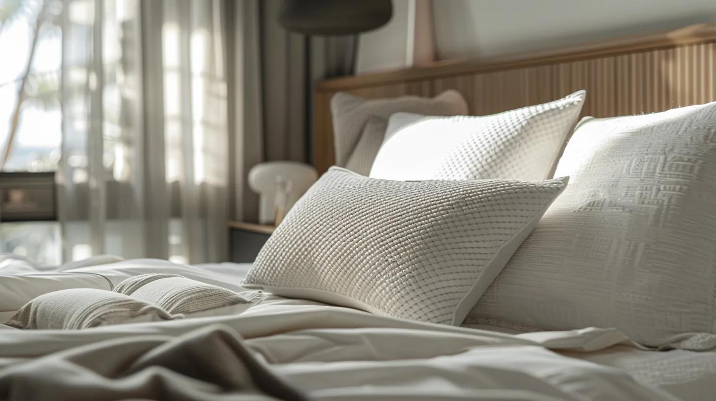 a modern bedroom setting showcases an array of innovative pillows—memory foam, latex, and natural fiber—displayed on a sleek, minimalist bed, highlighting their unique materials and construction features designed for optimal support and comfort. a modern bedroom setting showcases an array of innovative pillows—memory foam, latex, and natural fiber—displayed on a sleek, minimalist bed, highlighting their unique materials and construction features designed for optimal support and comfort.