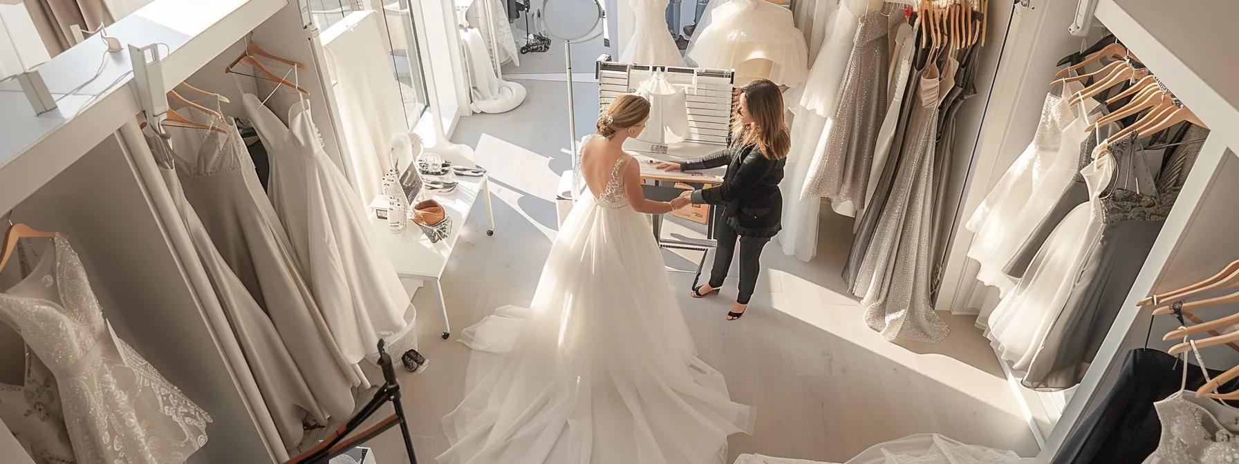 a modern bridal fitting studio showcases a bride in an elegant gown, surrounded by expert seamstresses using advanced digital measurement tools and sleek alteration equipment, emphasizing a seamless and coordinated fitting process. a modern bridal fitting studio showcases a bride in an elegant gown, surrounded by expert seamstresses using advanced digital measurement tools and sleek alteration equipment, emphasizing a seamless and coordinated fitting process.