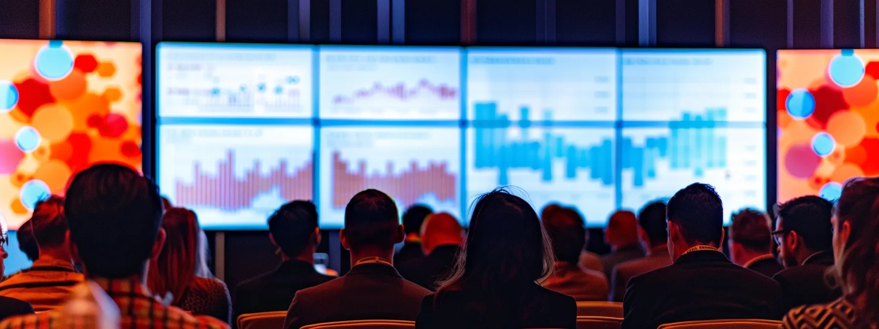 a modern, brightly lit conference room filled with diverse professionals engaged in a dynamic discussion around a digital display showcasing complex graphs and trends in nlp sentiment analysis, highlighting the challenges of sarcasm and linguistic nuance.