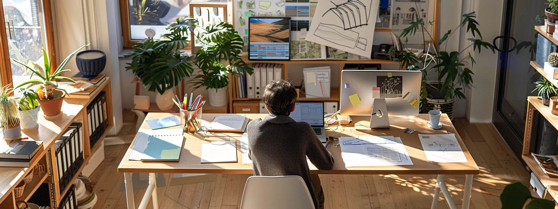 a modern, brightly lit office space showcases a focused individual engaging with a laptop, surrounded by architectural design sketches and online course materials, symbolizing the pursuit of an online architecture degree.