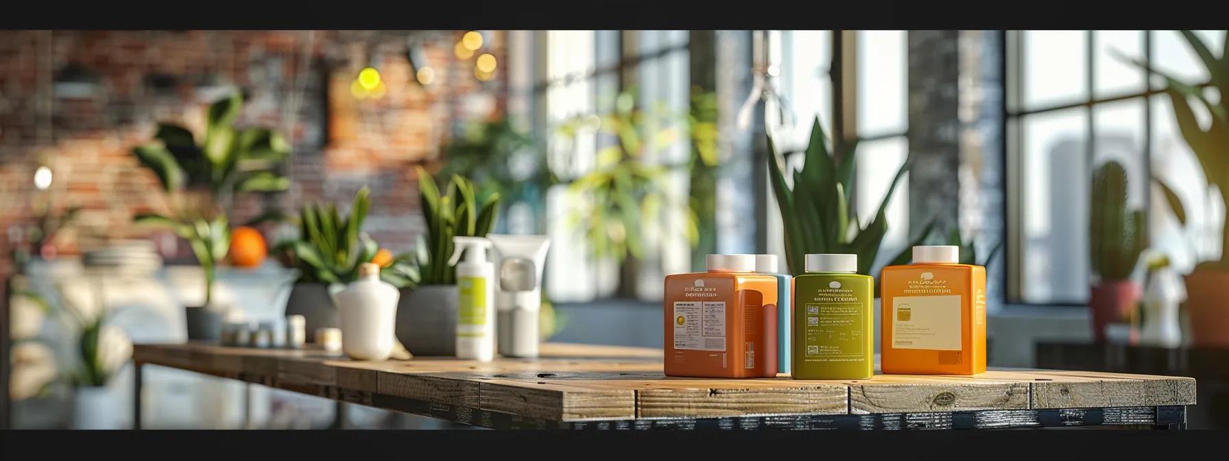 a modern, brightly lit urban office space showcases several eco-friendly brick cleaning formulas displayed on a sleek wooden table, with vibrant labels highlighting their natural ingredients, conveying a message of sustainability and innovation in cleaning solutions. a modern, brightly lit urban office space showcases several eco-friendly brick cleaning formulas displayed on a sleek wooden table, with vibrant labels highlighting their natural ingredients, conveying a message of sustainability and innovation in cleaning solutions.