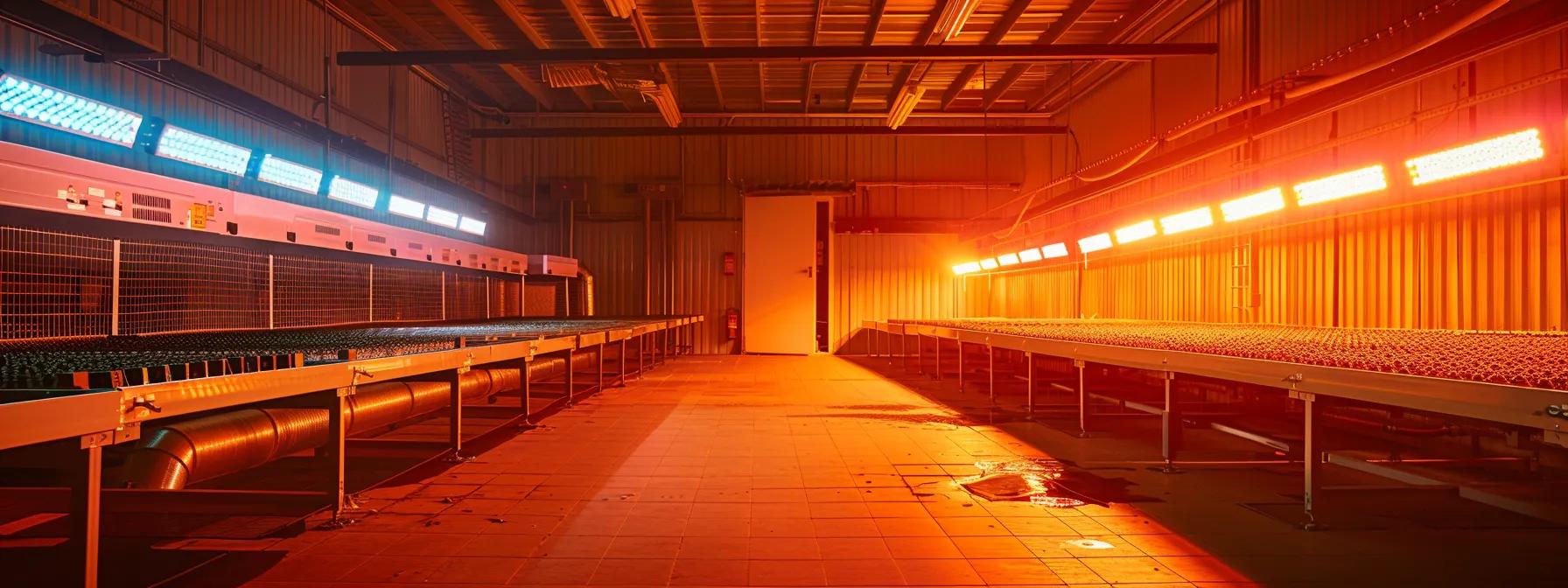 a modern brooder room is equipped with sleek radiant panel heaters and ceramic heat emitters, showcasing an organized setup with controlled temperature settings, bathed in warm, artificial light to enhance visibility of the innovative heating alternatives. a modern brooder room is equipped with sleek radiant panel heaters and ceramic heat emitters, showcasing an organized setup with controlled temperature settings, bathed in warm, artificial light to enhance visibility of the innovative heating alternatives.