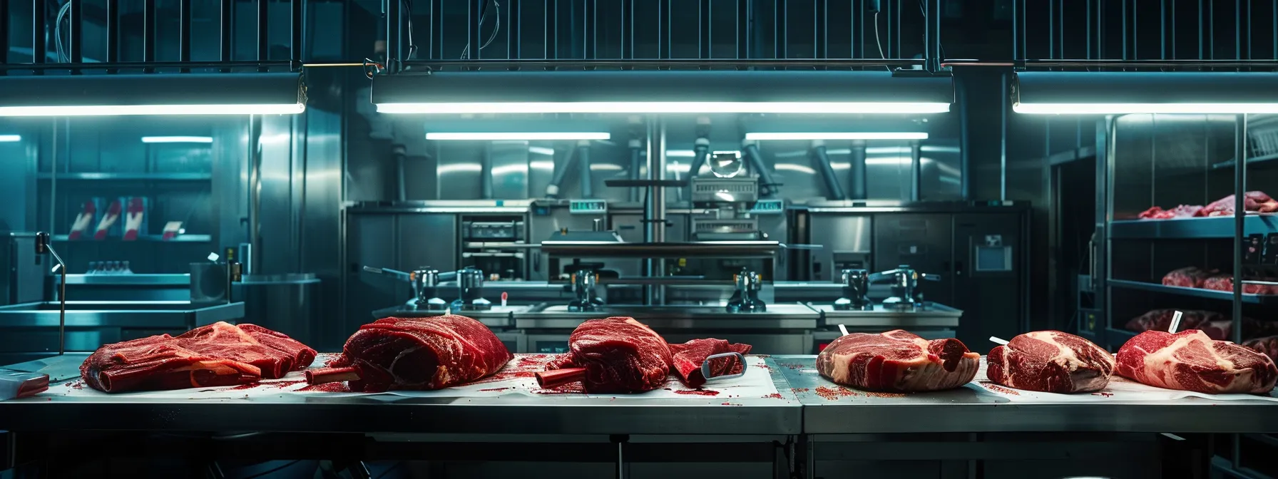 a modern butcher shop interior showcases a carefully arranged display of various beef cuts, including sirloin steak and oxtail, illuminated by bright overhead lights that highlight the rich textures and colors of the meat against sleek stainless steel processing equipment in the background. a modern butcher shop interior showcases a carefully arranged display of various beef cuts, including sirloin steak and oxtail, illuminated by bright overhead lights that highlight the rich textures and colors of the meat against sleek stainless steel processing equipment in the background.