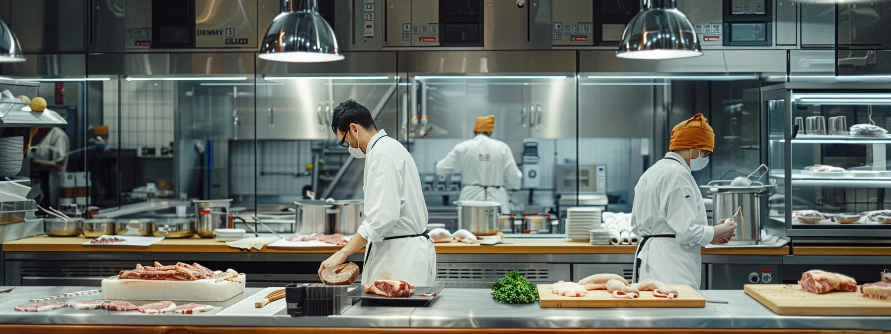 a modern butcher shop interior, showcasing a stunning array of various cuts of beef displayed on polished wooden countertops, with expert butchers in crisp white uniforms skillfully preparing orders against a backdrop of gleaming stainless steel equipment.