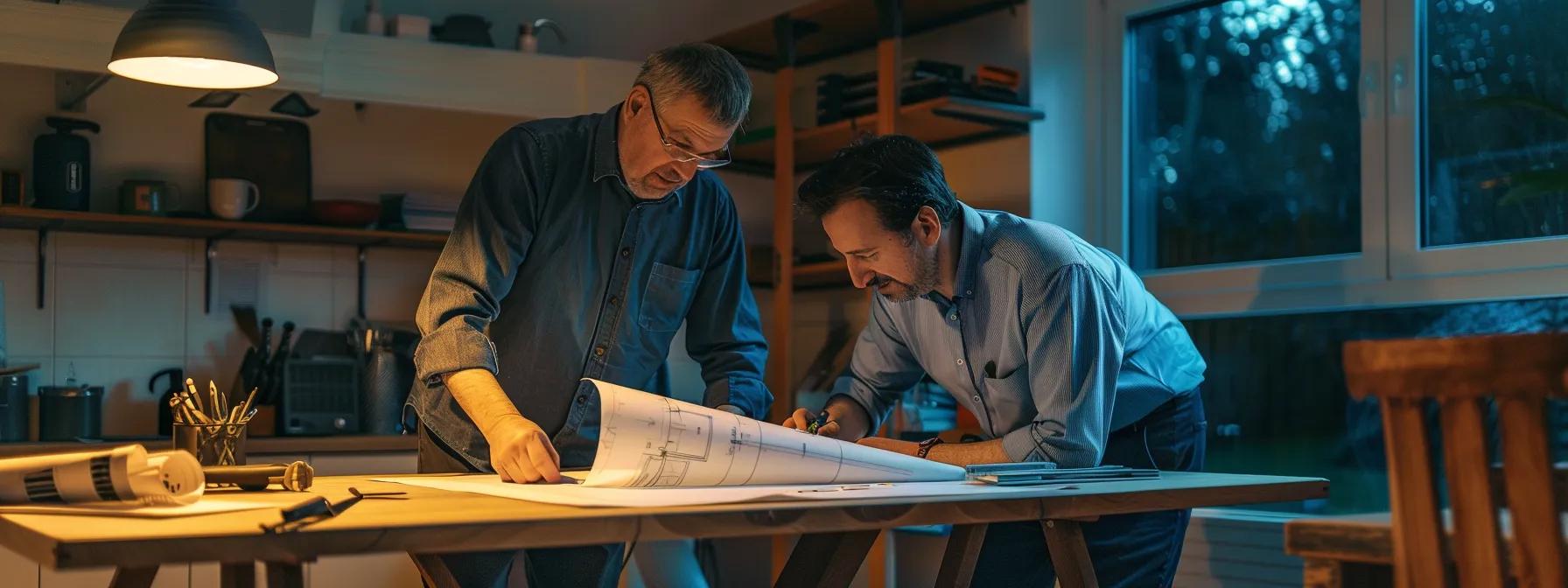 a modern cape cod home interior with a professional electrician discussing tailored electrical solutions with a homeowner, featuring blueprints and tools on a sleek worktable illuminated by warm, focused lighting. a modern cape cod home interior with a professional electrician discussing tailored electrical solutions with a homeowner, featuring blueprints and tools on a sleek worktable illuminated by warm, focused lighting.