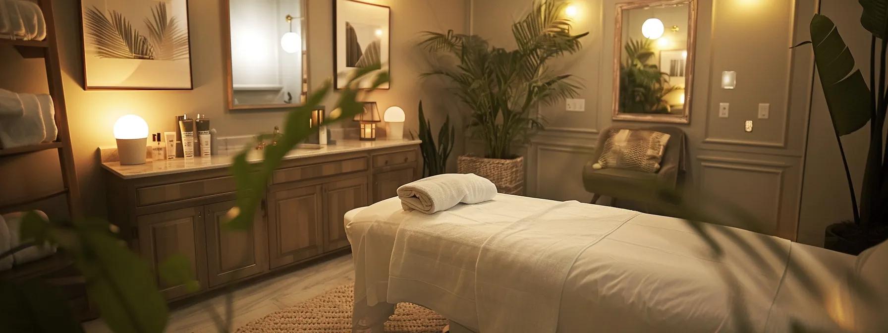 a modern, chic waxing studio features a comfortable treatment room, softly illuminated by stylish ambient lighting, with an esthetician gently explaining the waxing process to a first-time client, showcasing professionalism and care.