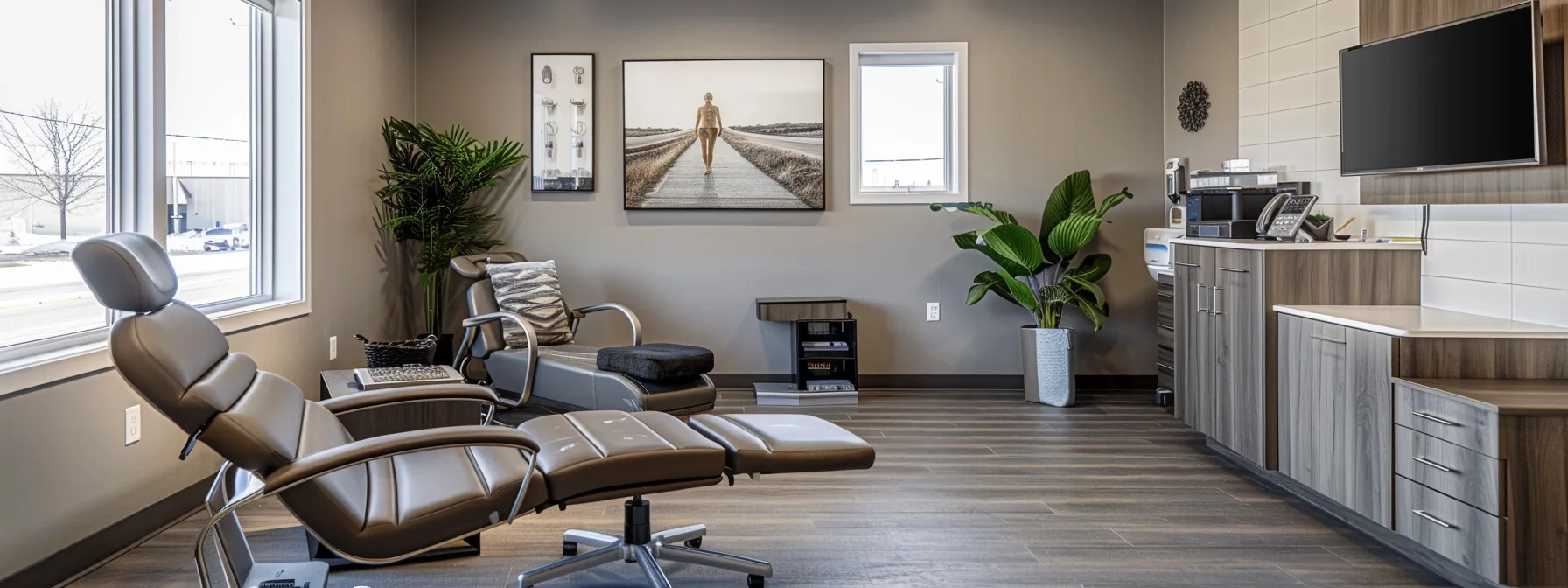 a modern chiropractic clinic interior, showcasing a patient interacting with a chiropractor during a thorough consultation, highlighted by sleek furnishings and advanced diagnostic equipment, creating a professional and welcoming atmosphere.