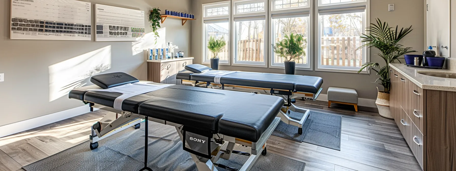 a modern chiropractic office features a well-organized treatment area with an inviting, clean aesthetic, showcasing advanced equipment and a relaxed atmosphere that embodies the principles of optimal health and wellness.