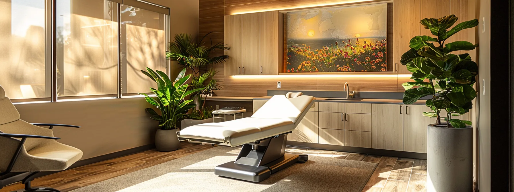 a modern chiropractic office featuring a sleek treatment table and holistic health visuals on the walls, illuminated by warm, inviting lighting that creates a calming atmosphere for patients contemplating their wellness journey.