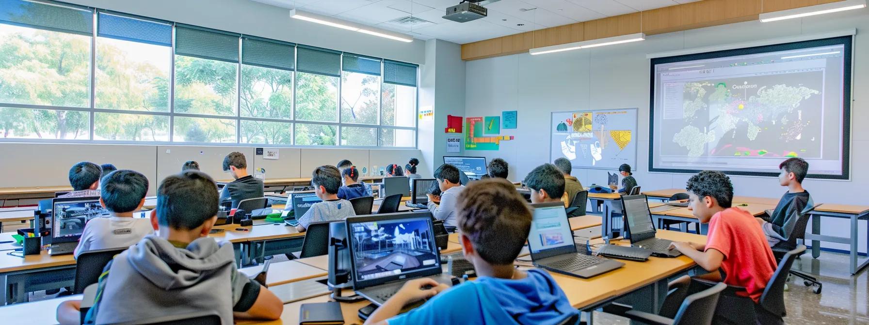 a modern classroom filled with innovative technology, showcasing diverse students actively engaging with virtual architecture models on sleek digital devices, under bright, focused lighting that emphasizes their collaborative design process.