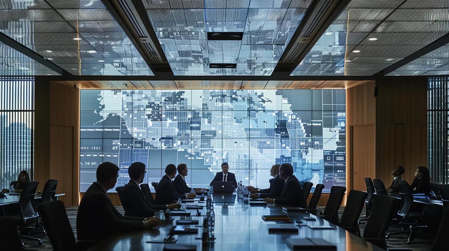 a modern conference room filled with attentive contractors discussing a large digital map highlighting state-specific bonding requirements, illuminated by sleek overhead lighting that emphasizes the seriousness of compliance and regulation.