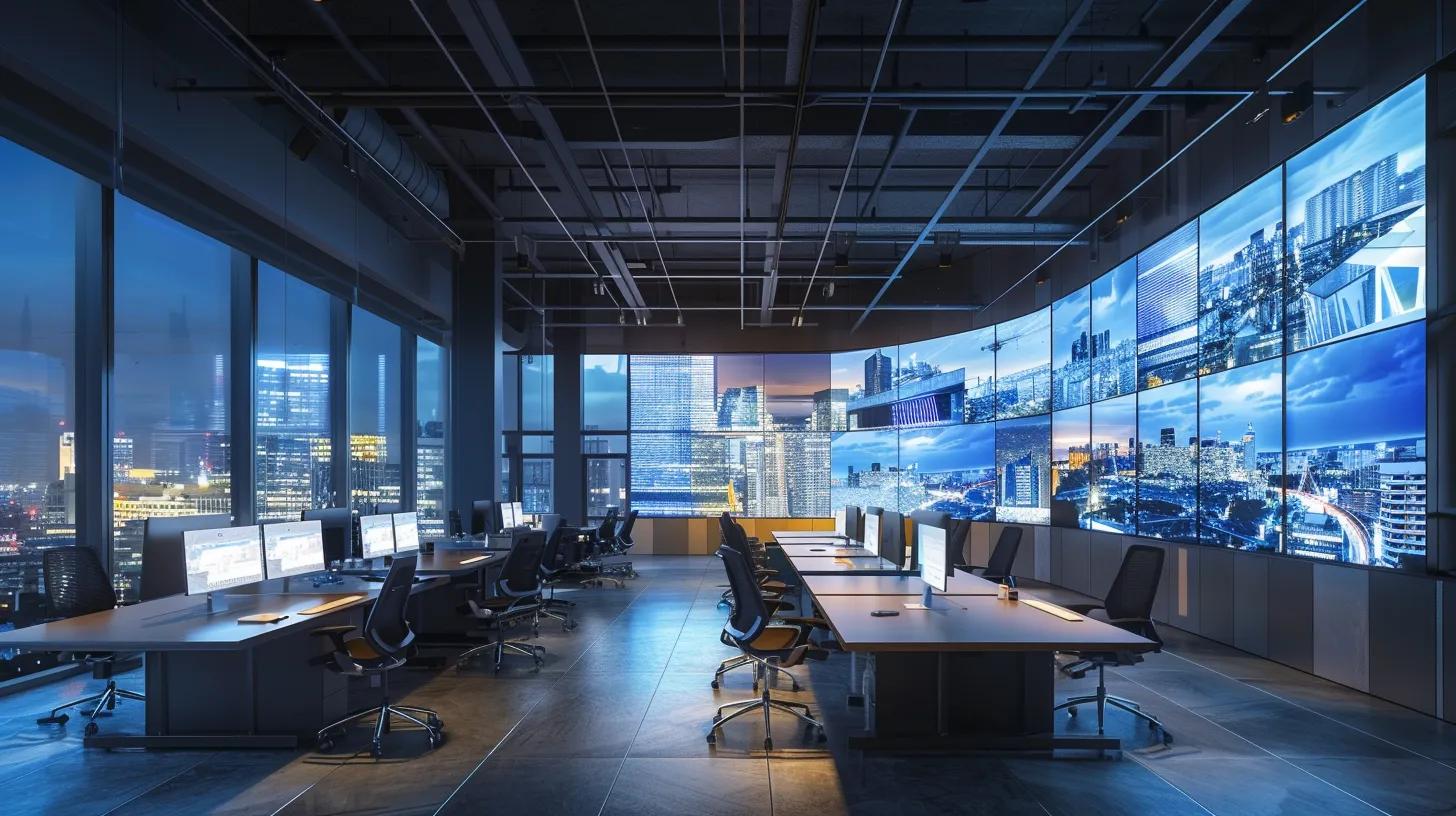 a modern construction office filled with digital displays showing building information modeling (bim) simulations, sleek workstations, and teams collaborating over virtual project management tools, all illuminated by bright artificial lighting that highlights the high-tech environment. a modern construction office filled with digital displays showing building information modeling (bim) simulations, sleek workstations, and teams collaborating over virtual project management tools, all illuminated by bright artificial lighting that highlights the high-tech environment.