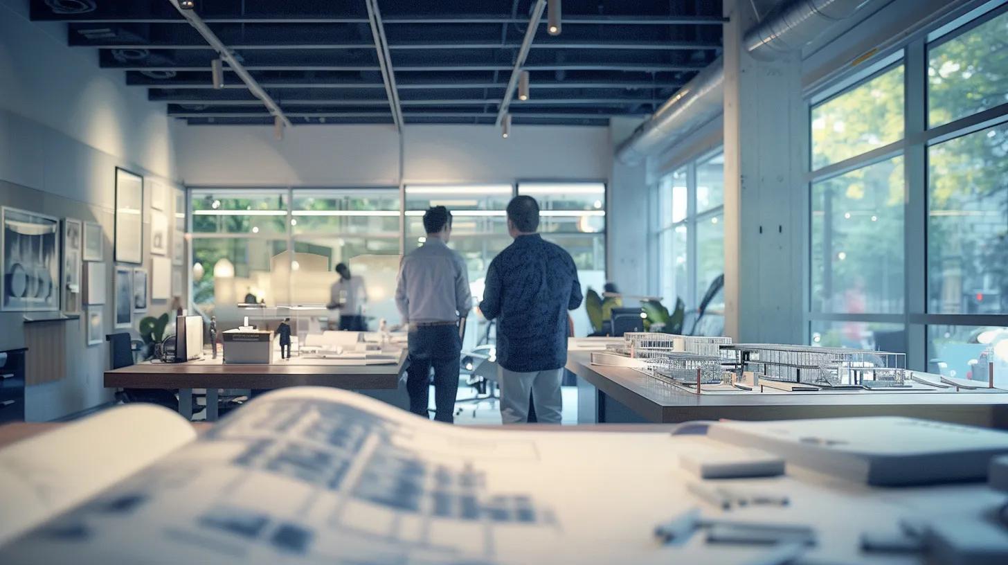 a modern construction office filled with blueprints and architectural models, highlighting a confident project manager discussing high-quality building standards with a focused team, surrounded by sleek design elements and bright overhead lighting. a modern construction office filled with blueprints and architectural models, highlighting a confident project manager discussing high-quality building standards with a focused team, surrounded by sleek design elements and bright overhead lighting.