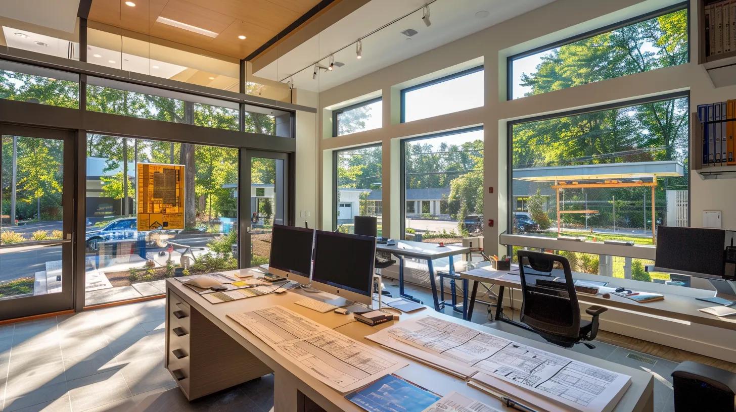 Modern construction office with architectural plans and computers set against expansive windows, symbolizing the groundwork and strategic planning essential for successful home construction projects. Modern construction office with architectural plans and computers set against expansive windows, symbolizing the groundwork and strategic planning essential for successful home construction projects.