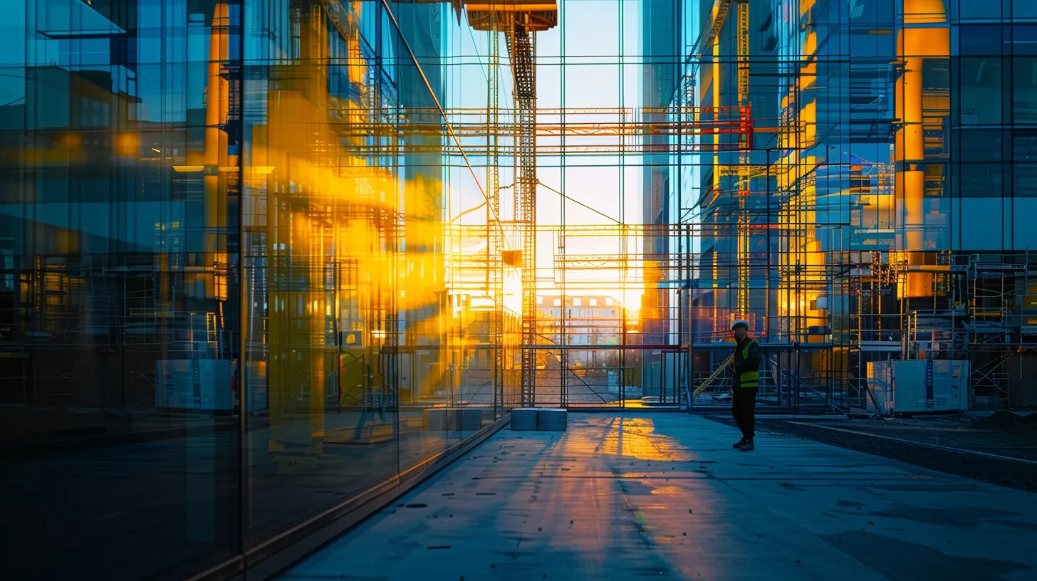 a modern construction site illuminated by soft morning light, showcasing a transparent digital screen displaying project timelines and updates, symbolizing open communication and trust between builders and homeowners. a modern construction site illuminated by soft morning light, showcasing a transparent digital screen displaying project timelines and updates, symbolizing open communication and trust between builders and homeowners.