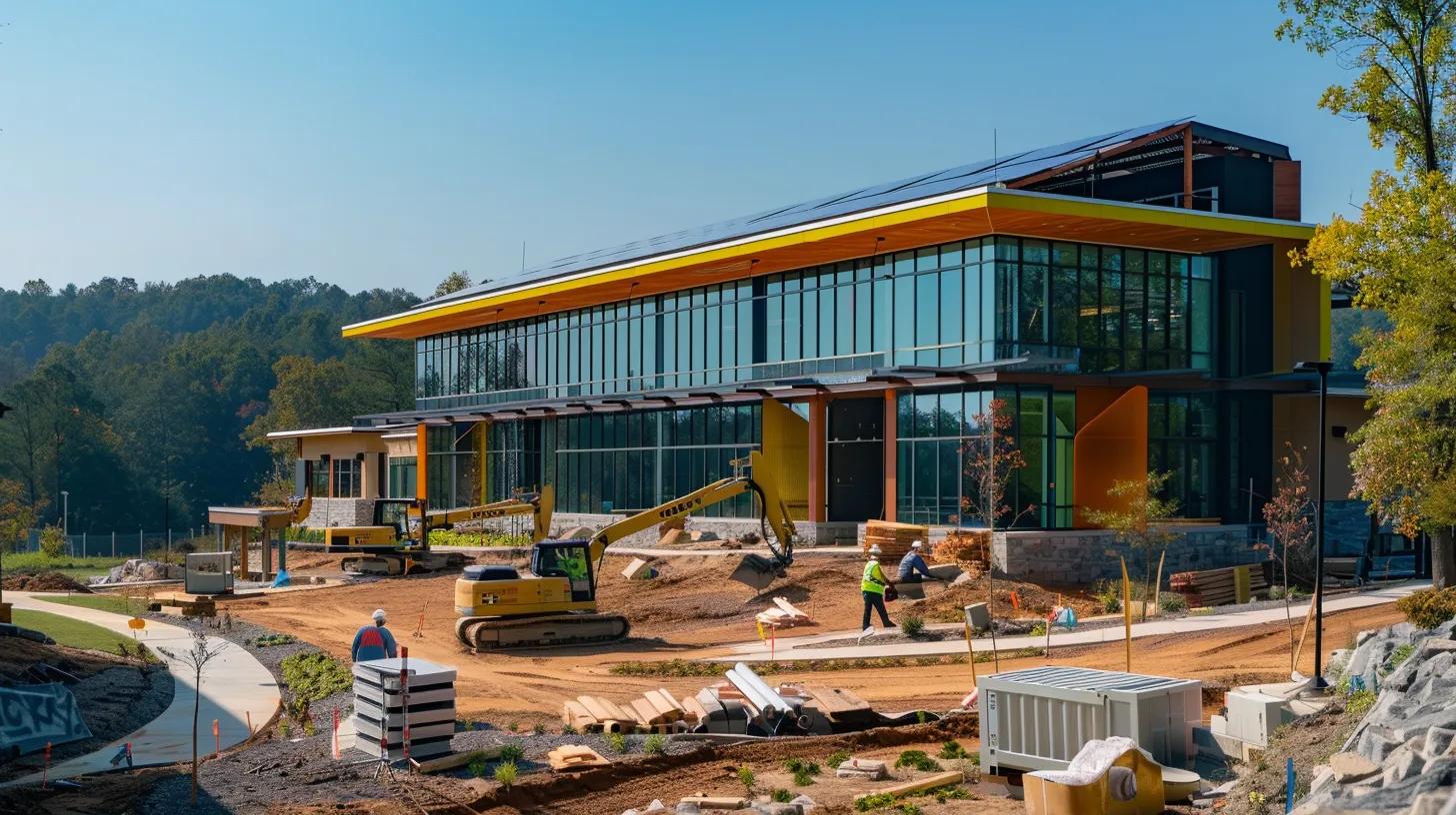 a modern construction site in knoxville showcases eco-friendly building practices with workers collaborating on innovative, energy-efficient designs under sleek, futuristic machinery and colorful materials, all set against a clear blue sky. a modern construction site in knoxville showcases eco-friendly building practices with workers collaborating on innovative, energy-efficient designs under sleek, futuristic machinery and colorful materials, all set against a clear blue sky.