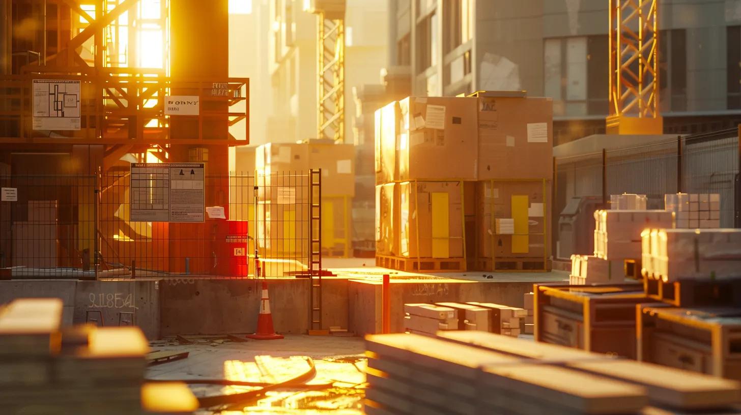 a modern construction site is illuminated by golden hour sunlight, showcasing a partially built home with architectural plans and safety signs prominently displayed, emphasizing the critical importance of securing permits and regulatory compliance. a modern construction site is illuminated by golden hour sunlight, showcasing a partially built home with architectural plans and safety signs prominently displayed, emphasizing the critical importance of securing permits and regulatory compliance.