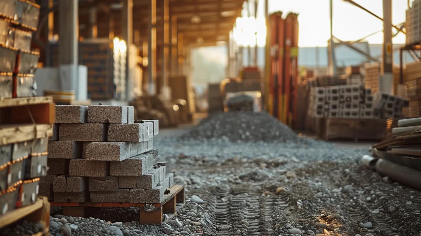 a modern construction site showcases a diverse array of cost-effective building materials for foundations, including stacked reclaimed bricks, insulated concrete forms, and gravel foundations, all arranged methodically under bright, artificial lighting to emphasize their durability and affordability. a modern construction site showcases a diverse array of cost-effective building materials for foundations, including stacked reclaimed bricks, insulated concrete forms, and gravel foundations, all arranged methodically under bright, artificial lighting to emphasize their durability and affordability.