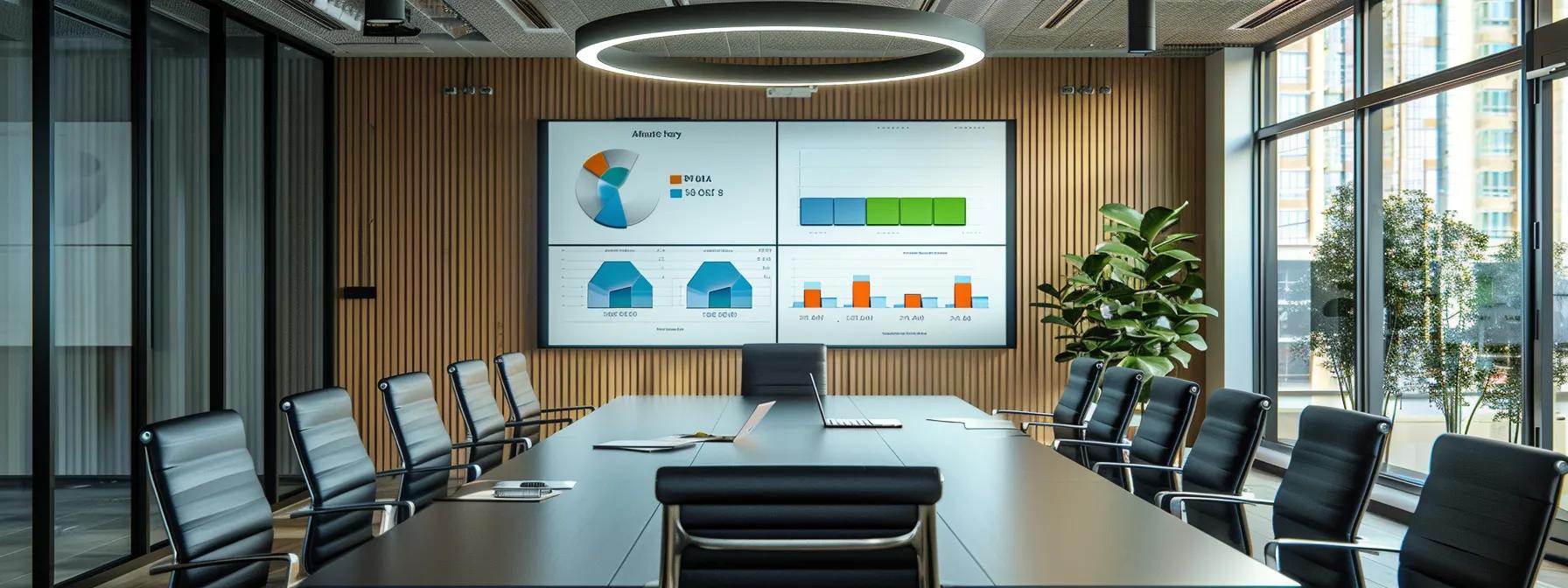 a modern corporate office setting features a sleek conference table with a large screen displaying a vivid chart comparing various pricing models for tv pr agencies, emphasizing clarity and strategic alignment in a professional atmosphere.