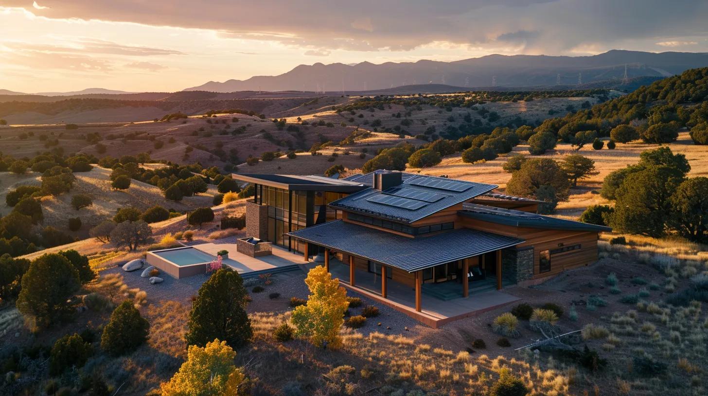 a modern custom home nestled in a serene rural landscape, showcasing a sleek facade with solar panels, and smart home features, while incorporating visible utility lines seamlessly blending into the surroundings under warm, natural lighting. a modern custom home nestled in a serene rural landscape, showcasing a sleek facade with solar panels, and smart home features, while incorporating visible utility lines seamlessly blending into the surroundings under warm, natural lighting.