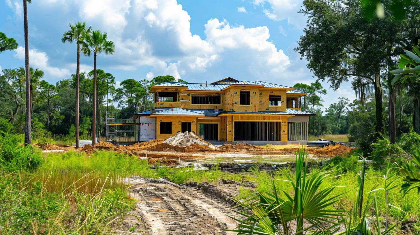 a modern custom home under construction, showcasing an elegant architectural design surrounded by lush greenery, bathed in warm afternoon sunlight to highlight the various financing options portrayed through visually striking infographics on nearby boards. a modern custom home under construction, showcasing an elegant architectural design surrounded by lush greenery, bathed in warm afternoon sunlight to highlight the various financing options portrayed through visually striking infographics on nearby boards.