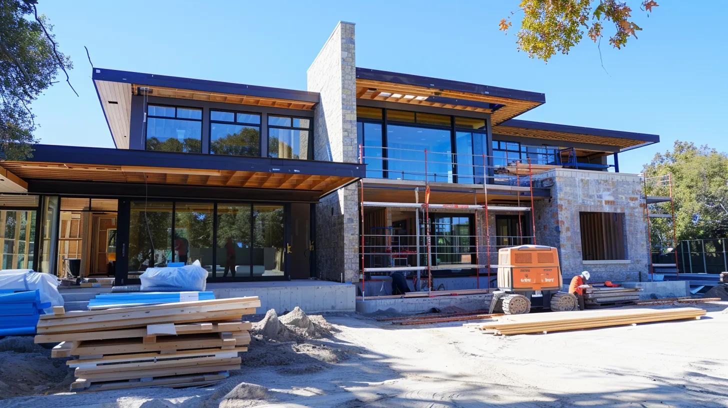 a modern custom home under construction, showcasing unique architectural design elements with vibrant scaffolding, advanced technology tools for collaboration, and workers engaged in meticulous building processes against a clear blue sky. a modern custom home under construction, showcasing unique architectural design elements with vibrant scaffolding, advanced technology tools for collaboration, and workers engaged in meticulous building processes against a clear blue sky.