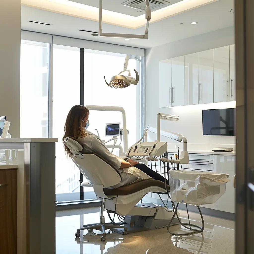 a modern dental clinic illuminated by soft, focused overhead lighting showcases a professional dentist attentively examining a patient in a sleek, clean treatment room, reflecting the urgent yet compassionate care available during after-hours dental emergencies.