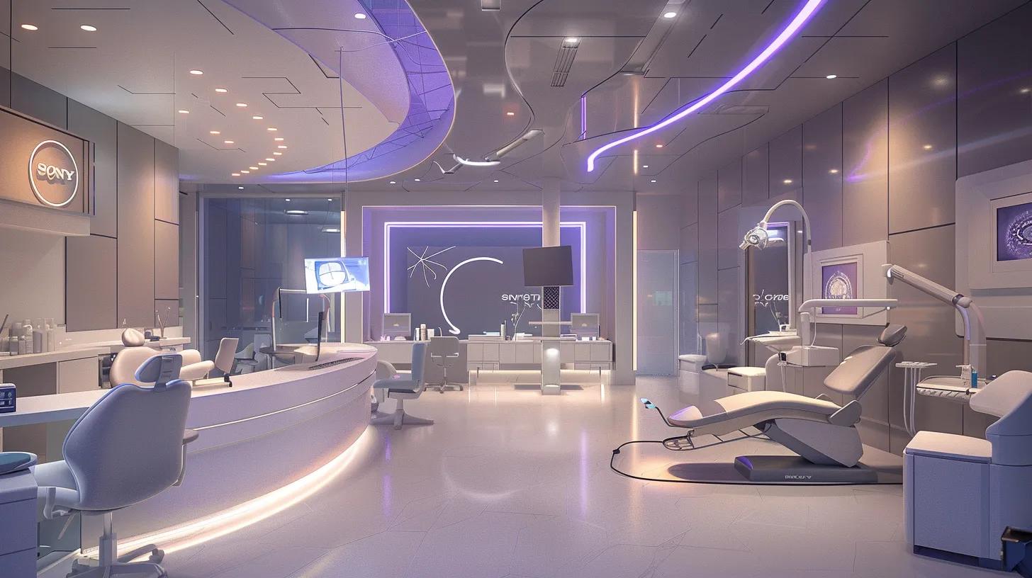 a modern dental clinic interior featuring a sleek, high-tech treatment room with advanced dental equipment, illuminated by soft, overhead lighting, creating a welcoming atmosphere for patients exploring various dental procedures.