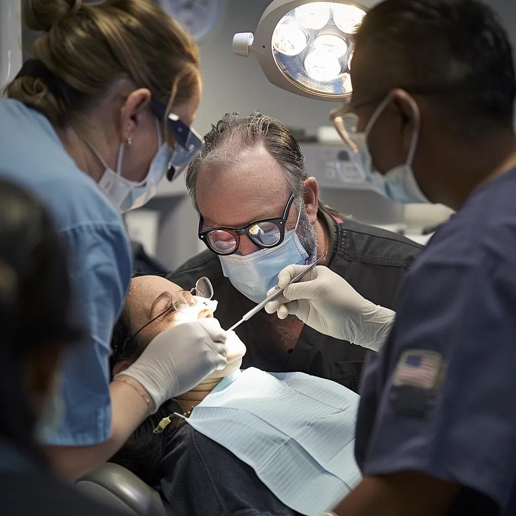 a modern dental emergency clinic in concord, nc, bustling with activity as a focused team of professionals efficiently administers advanced diagnostic tools and minimally invasive treatments to swiftly alleviate a patient’s acute dental pain under bright clinical lighting.