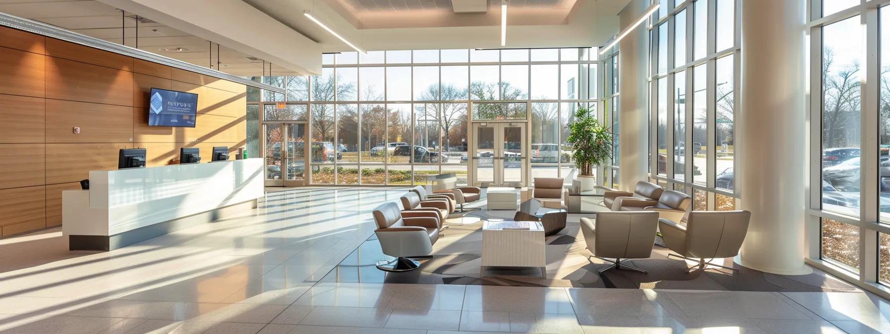 a modern dental office with a sleek and sophisticated interior showcases a dental professional consulting with a smiling patient, highlighting the advanced techniques and personalized care involved in cosmetic bonding.