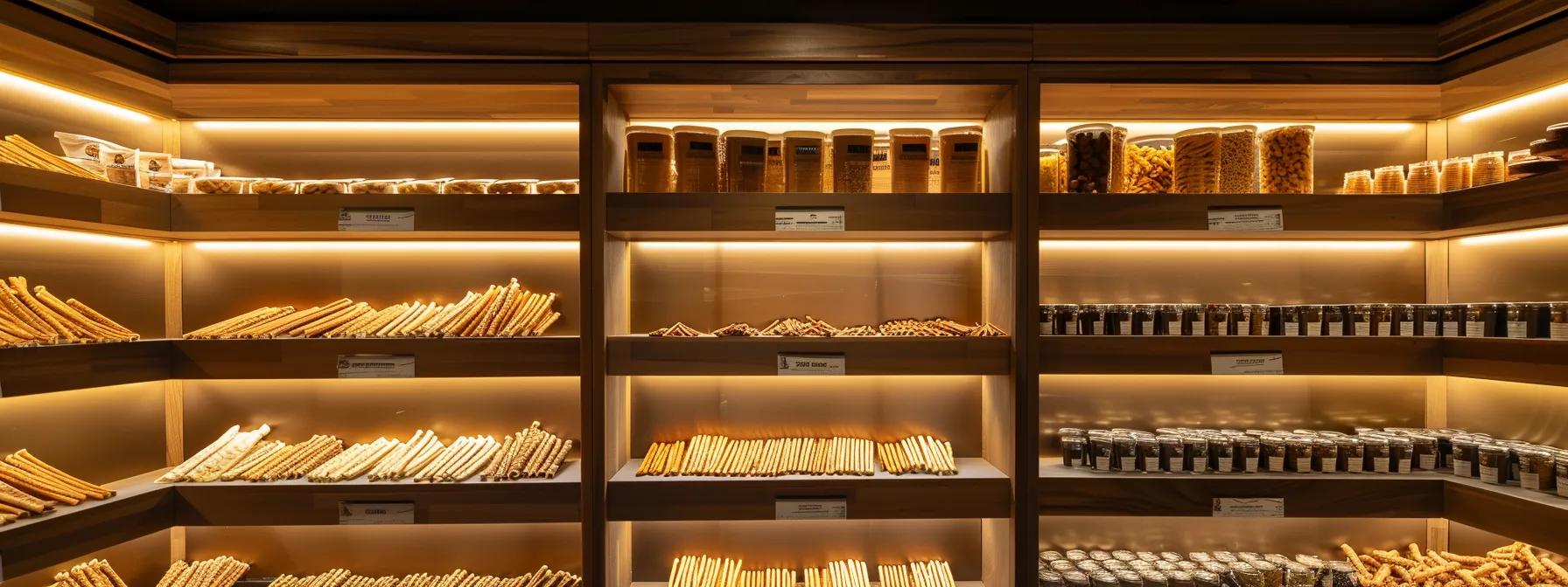 a modern dog boutique showcases an array of premium bully sticks displayed on elegant wooden shelves, illuminated by warm, inviting overhead lights, emphasizing their appeal as a natural, high-quality chew alternative for discerning pet owners. a modern dog boutique showcases an array of premium bully sticks displayed on elegant wooden shelves, illuminated by warm, inviting overhead lights, emphasizing their appeal as a natural, high-quality chew alternative for discerning pet owners.