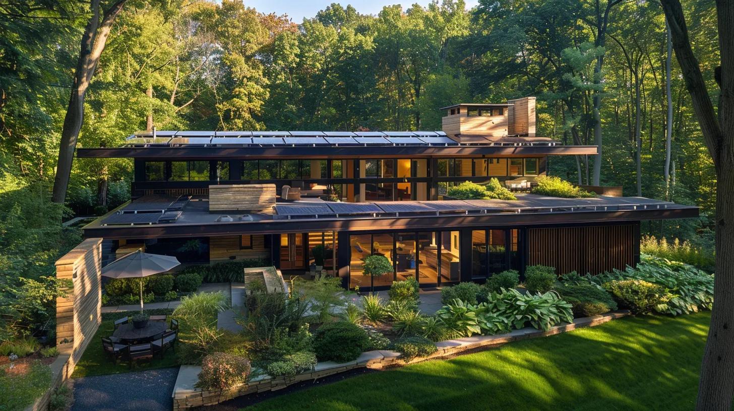 a modern, eco-friendly home with sleek, energy-efficient designs nestled in a lush, green landscape, showcasing solar panels and sustainable materials under vibrant natural sunlight. a modern, eco-friendly home with sleek, energy-efficient designs nestled in a lush, green landscape, showcasing solar panels and sustainable materials under vibrant natural sunlight.
