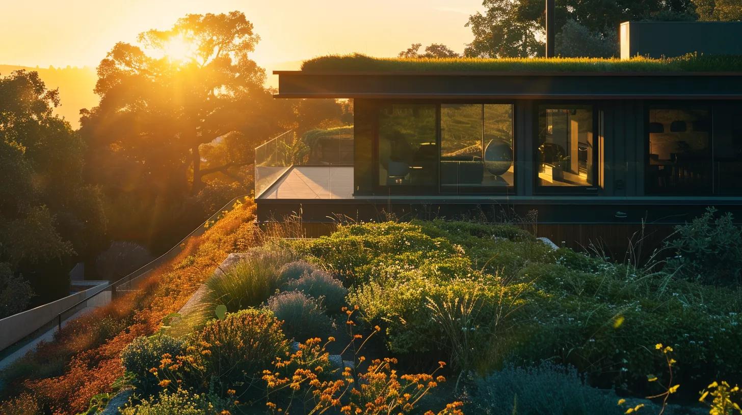 a modern, eco-friendly home with a vibrant green roof and living walls, bathed in warm, natural sunlight, showcasing advanced sustainable design techniques that harmonize with the surrounding landscape. a modern, eco-friendly home with a vibrant green roof and living walls, bathed in warm, natural sunlight, showcasing advanced sustainable design techniques that harmonize with the surrounding landscape.