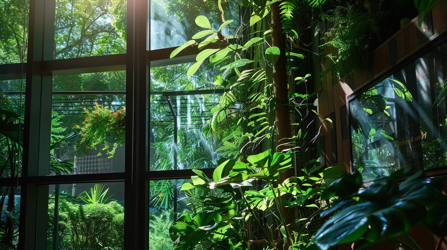 a modern, eco-friendly home stands gracefully amidst lush greenery, featuring large strategically placed windows that flood the interior with natural light, showcasing sustainable materials and energy-efficient design principles. a modern, eco-friendly home stands gracefully amidst lush greenery, featuring large strategically placed windows that flood the interior with natural light, showcasing sustainable materials and energy-efficient design principles.